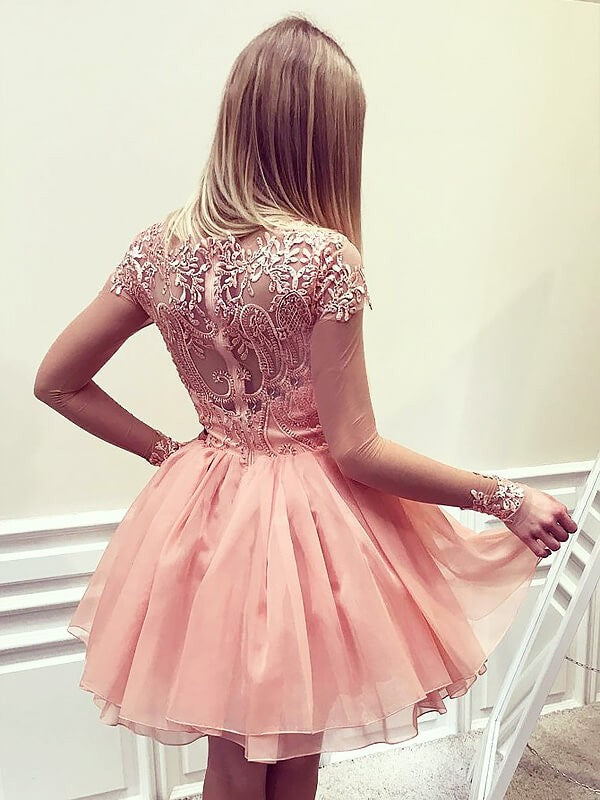 A-Line Chiffon Bateau Long Sleeves Short/Mini With Applique Homecoming Dress