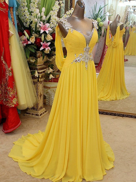 A-Line Chiffon Straps Sleeveless Sweep/Brush Train With Beading Prom Dress