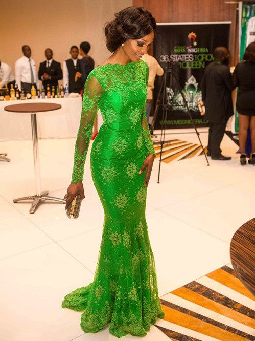 A-Line Satin High Neck Long Sleeves Floor-Length With Applique Prom Dress