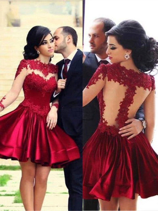A-Line Satin High Neck Long Sleeves Short/Mini With Lace Prom Dress