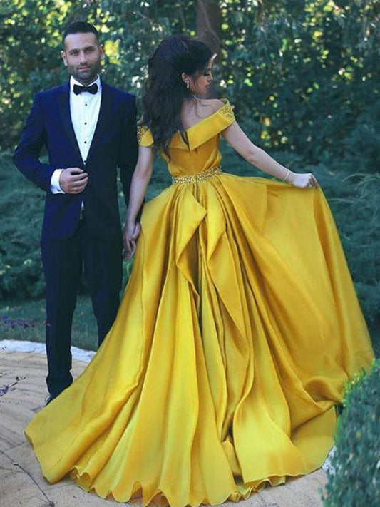 A-Line Off-the-Shoulder Sleeveless Sweep/Brush Train With Beading Satin Chiffon Prom Dress
