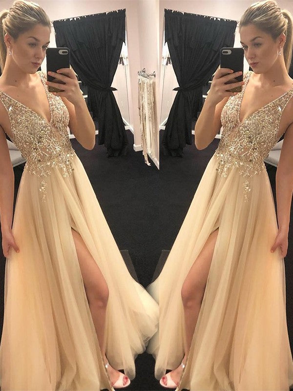 A-Line V-neck Sleeveless Floor-Length With Beading Tulle Prom Dress