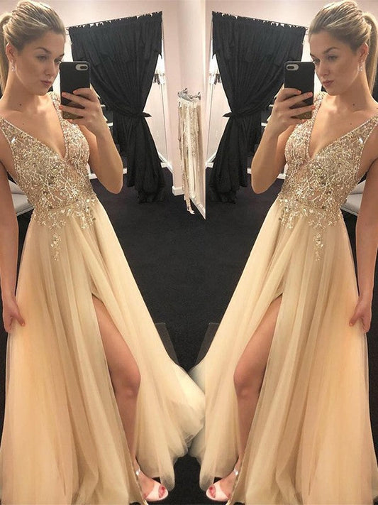 A-Line V-neck Sleeveless Floor-Length With Beading Tulle Prom Dress