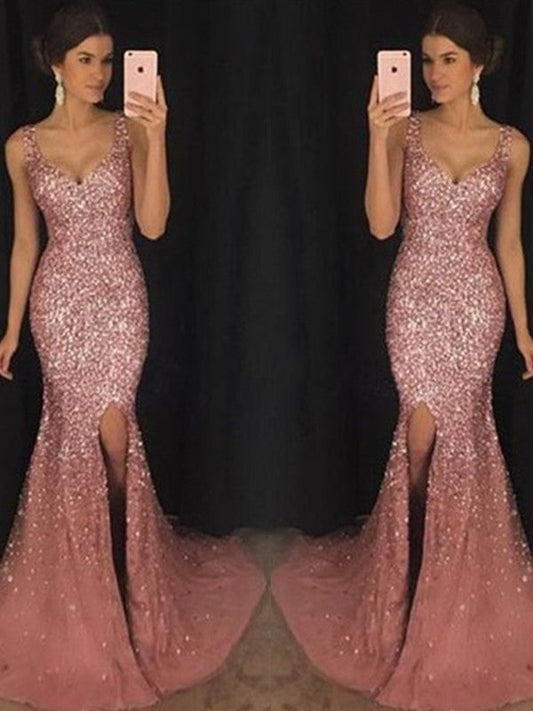 Sheath Sweetheart Sleeveless Sweep/Brush Train Sequin Tulle Prom Dress