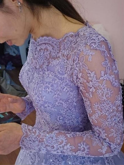 Ball Gown Jewel Long Sleeves Floor-Length Lace Tulle Prom Dress