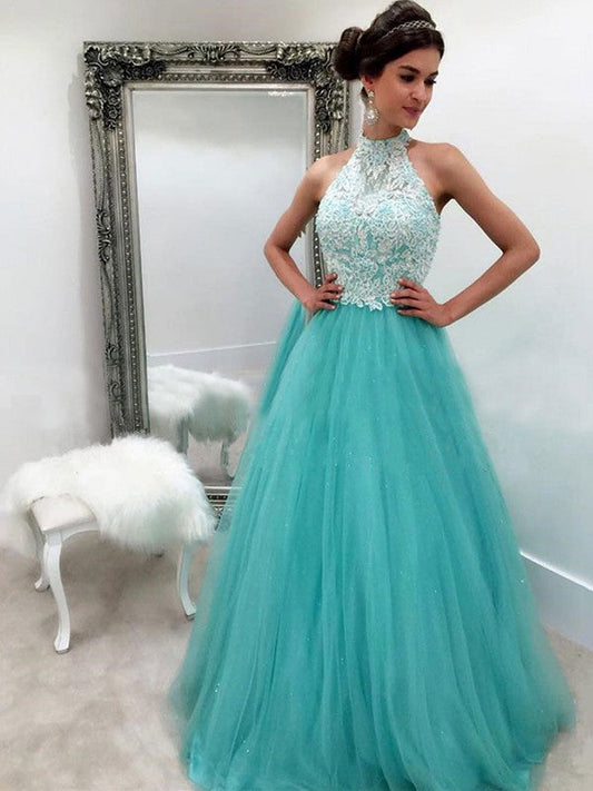 A-Line Halter Sleeveless Floor-Length Lace Tulle Prom Dress