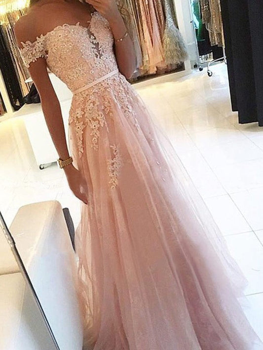 A-Line Off-the-Shoulder Sleeveless Floor-Length With Applique Tulle Prom Dress