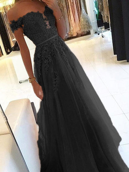 A-Line Off-the-Shoulder Sleeveless Floor-Length With Applique Tulle Prom Dress