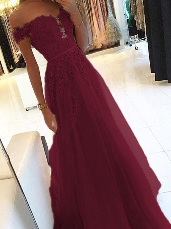 A-Line Off-the-Shoulder Sleeveless Floor-Length With Applique Tulle Prom Dress