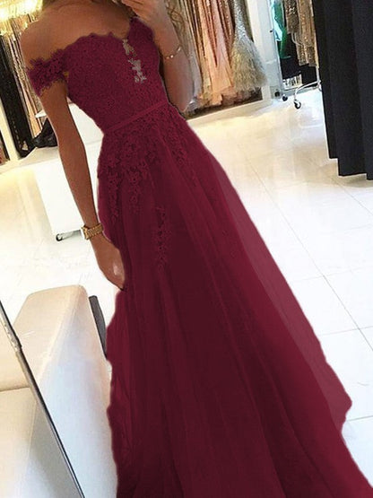 A-Line Off-the-Shoulder Sleeveless Floor-Length With Applique Tulle Prom Dress