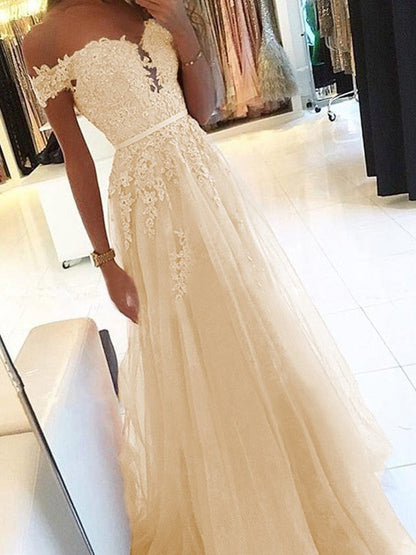 A-Line Off-the-Shoulder Sleeveless Floor-Length With Applique Tulle Prom Dress