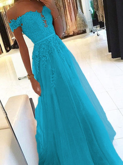 A-Line Off-the-Shoulder Sleeveless Floor-Length With Applique Tulle Prom Dress