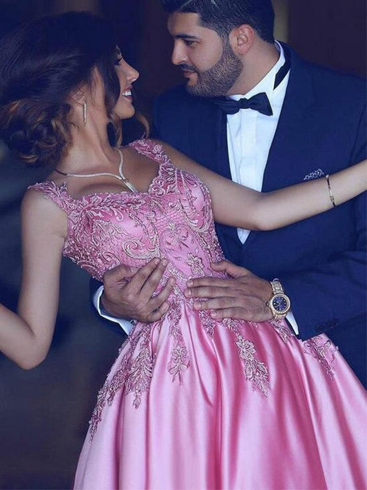 A-Line Sweetheart Sleeveless Sweep/Brush Train With Applique Satin Prom Dress