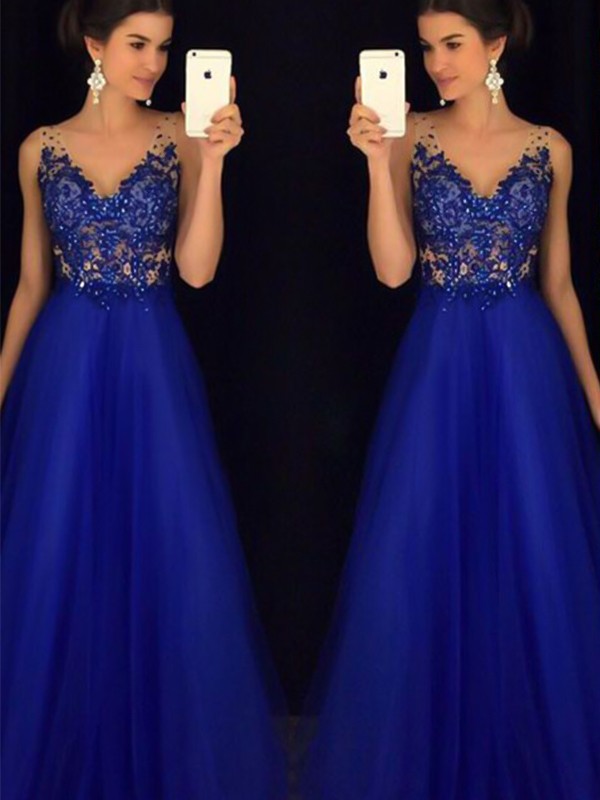 A-Line V-neck Sleeveless Floor-Length With Applique Tulle Prom Dress
