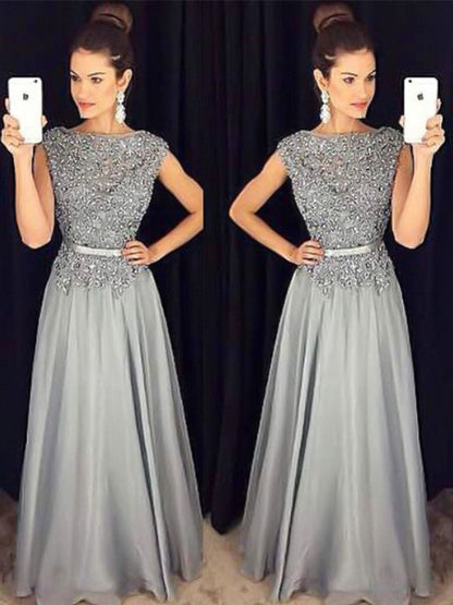 A-Line Bateau Sleeveless Floor-Length With Applique Chiffon Prom Dress