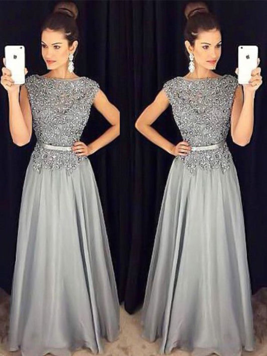 A-Line Bateau Sleeveless Floor-Length With Applique Chiffon Prom Dress