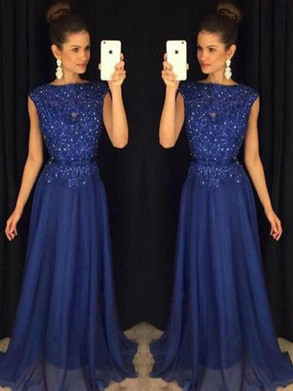 A-Line Bateau Sleeveless Floor-Length With Applique Chiffon Prom Dress