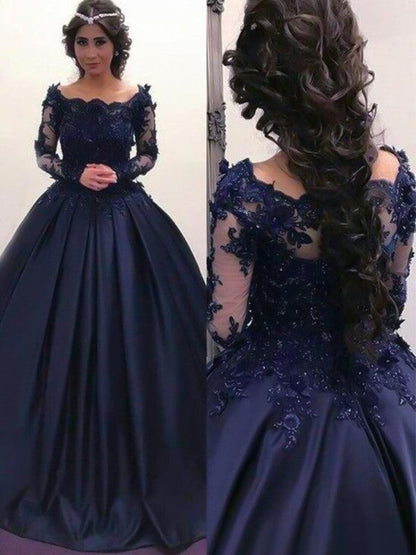 Ball Gown Bateau Long Sleeves Sweep/Brush Train With Applique Satin Prom Dress