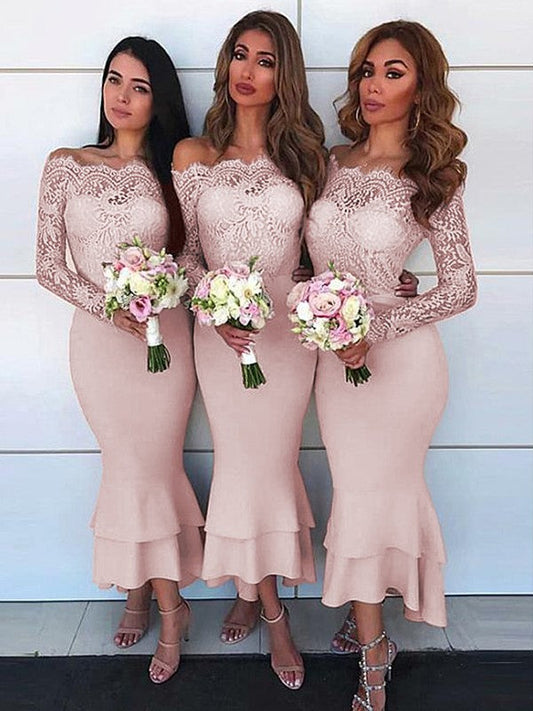 Sheath Off-the-Shoulder Long Sleeves Ankle-Length Lace Stretch Crepe Bridesmaid Dresses