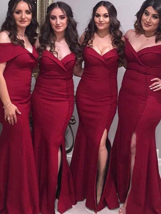 Sheath Off-the-Shoulder Sleeveless Floor-Length With Ruched Stretch Crepe Bridesmaid Dresses