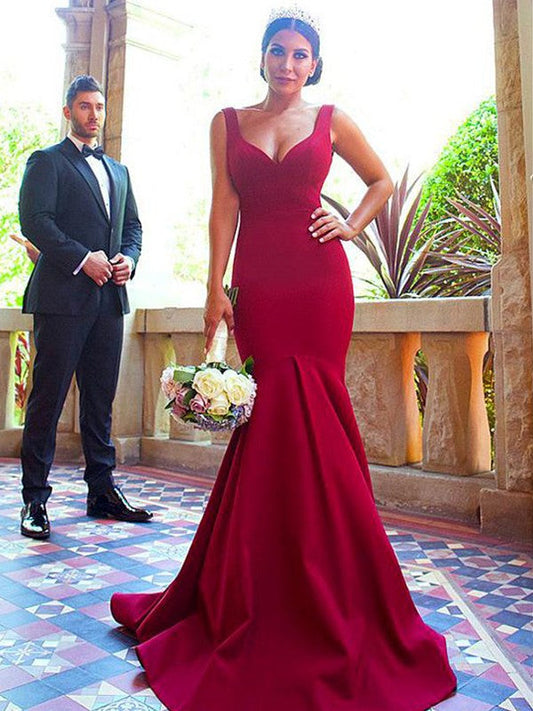Mermaid V-neck Sleeveless Sweep/Brush Train With Ruffles Stretch Crepe Bridesmaid Dresses