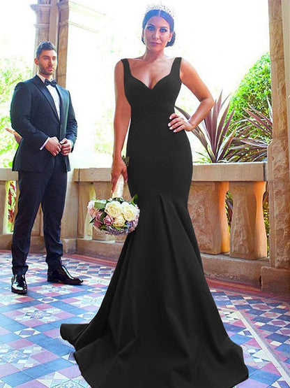 Mermaid V-neck Sleeveless Sweep/Brush Train With Ruffles Stretch Crepe Bridesmaid Dresses