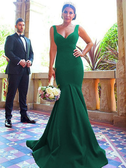 Mermaid V-neck Sleeveless Sweep/Brush Train With Ruffles Stretch Crepe Bridesmaid Dresses