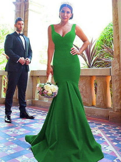 Mermaid V-neck Sleeveless Sweep/Brush Train With Ruffles Stretch Crepe Bridesmaid Dresses