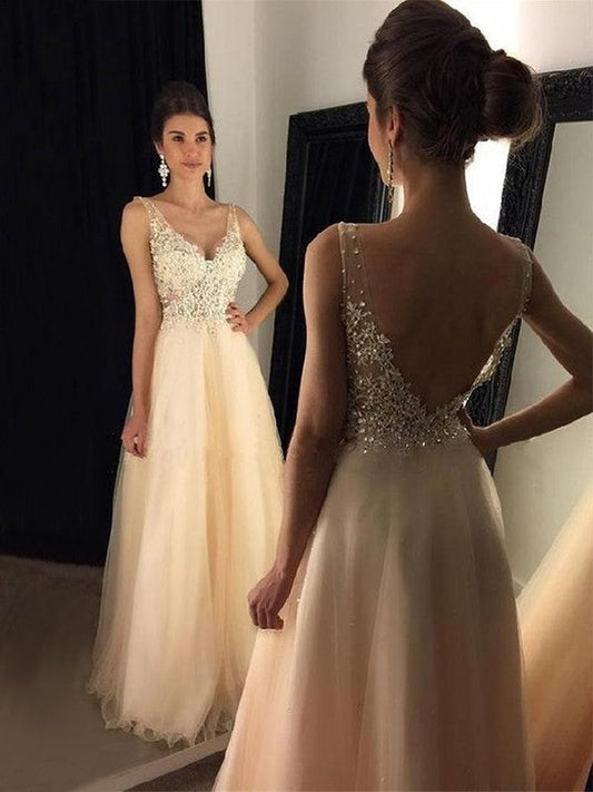 A-Line Sleeveless V-neck Floor-Length With Applique Tulle Prom Dress