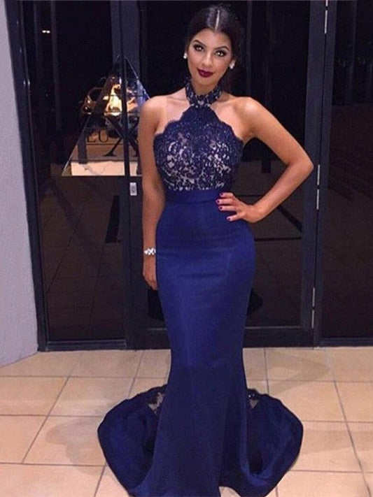 Sheath Halter Sleeveless Sweep/Brush Train Lace Stretch Crepe Prom Dress