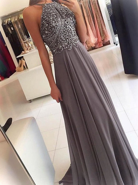 A-Line Chiffon Halter Sleeveless Floor-Length Train With Beading Prom Dress