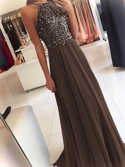 A-Line Chiffon Halter Sleeveless Floor-Length Train With Beading Prom Dress