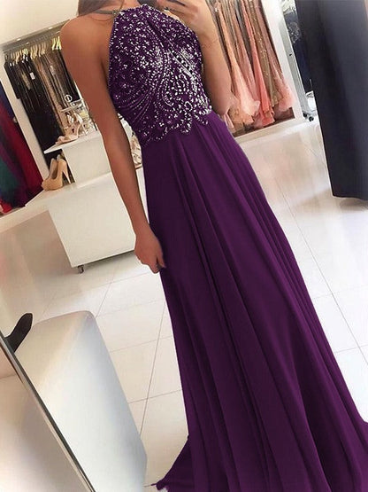A-Line Chiffon Halter Sleeveless Floor-Length Train With Beading Prom Dress