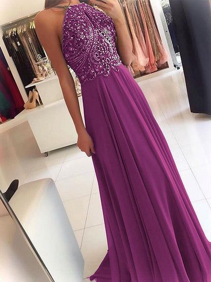 A-Line Chiffon Halter Sleeveless Floor-Length Train With Beading Prom Dress