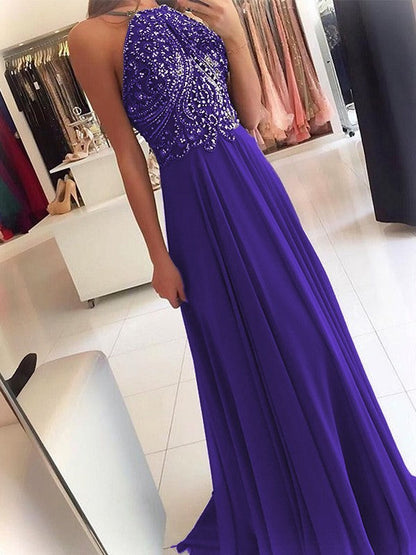 A-Line Chiffon Halter Sleeveless Floor-Length Train With Beading Prom Dress