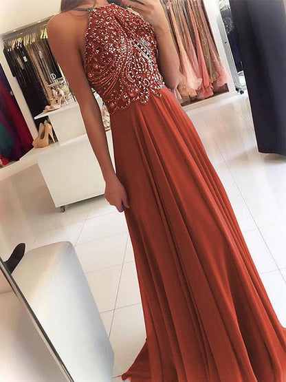 A-Line Chiffon Halter Sleeveless Floor-Length Train With Beading Prom Dress