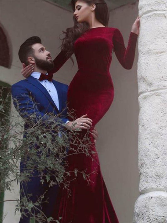 Sheath Jewel Long Sleeves Floor-Length With Ruffles Velvet Prom Dress